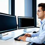 Modern Office Environment**

"A professional software engineer in a modest business casual outfit, working at a clean desk with multiple monitors in a bright, modern office. Natural lighting, focused expression, fully clothed, safe for work, appropriate content, perfect anatomy, correct proportions, professional, high quality."

**