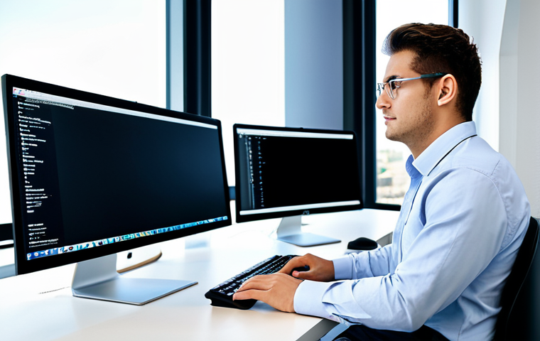 Modern Office Environment**
"A professional software engineer in a modest business casual outfit, working at a clean desk with multiple monitors in a bright, modern office. Natural lighting, focused expression, fully clothed, safe for work, appropriate content, perfect anatomy, correct proportions, professional, high quality."
**