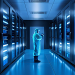Home 12 서버 온도 관리와 냉각 기술 - A futuristic, clean data center environment showcasing immersion cooling. Rows of sleek server racks...