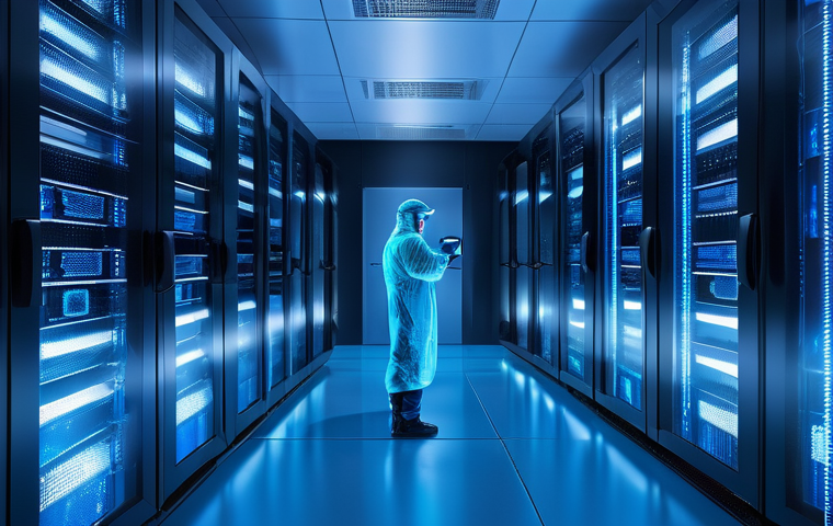 서버 온도 관리와 냉각 기술 - A futuristic, clean data center environment showcasing immersion cooling. Rows of sleek server racks...