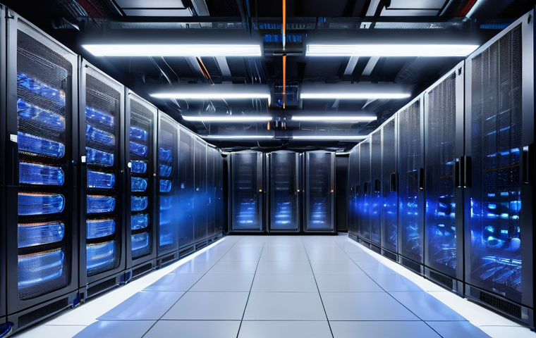 서버 온도 관리와 냉각 기술 - A futuristic, clean data center environment showcasing immersion cooling. Rows of sleek server racks...