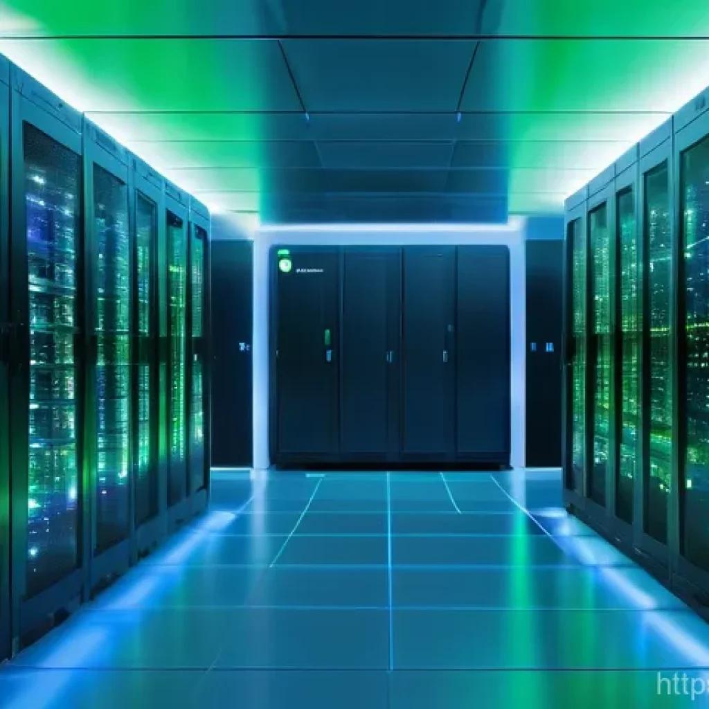 서버 성능 개선을 위한 캐싱 방법 - A futuristic, sleek server room bathed in soft, glowing blue and green light. In the center, a holog...