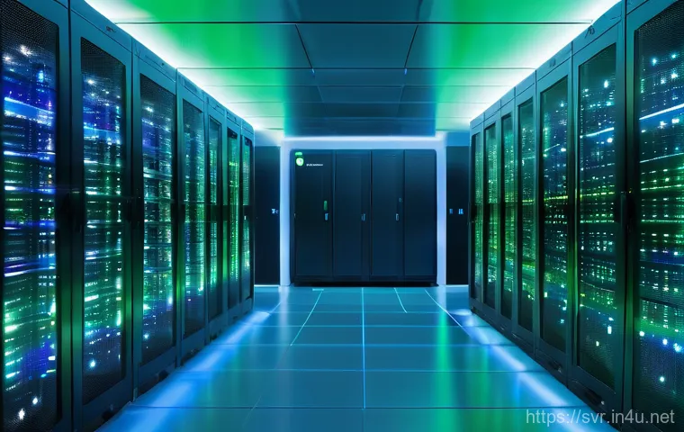서버 성능 개선을 위한 캐싱 방법 - A futuristic, sleek server room bathed in soft, glowing blue and green light. In the center, a holog...