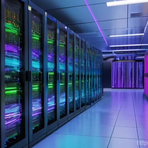 Home 20 서버에서 데이터 압축 기술 활용 - **Prompt:** A dynamic, futuristic data center interior. In the foreground, a torrent of chaotic, bri...