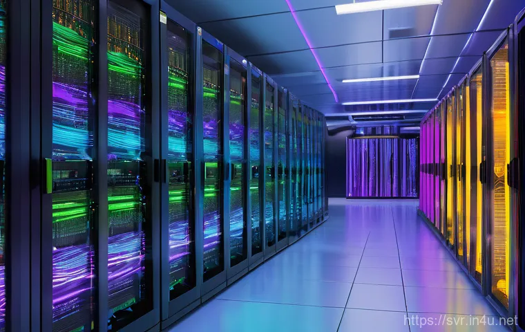 서버에서 데이터 압축 기술 활용 - **Prompt:** A dynamic, futuristic data center interior. In the foreground, a torrent of chaotic, bri...