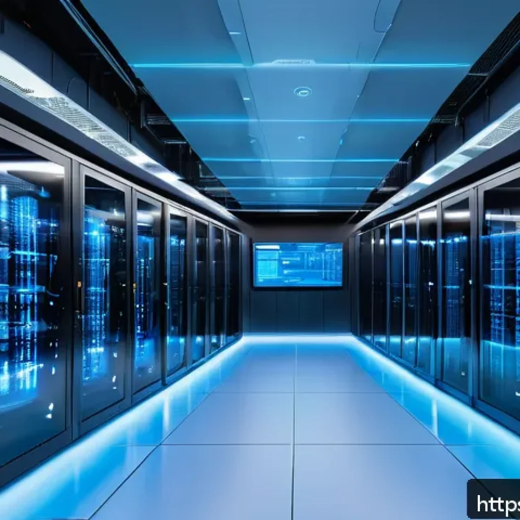 최고의 클라우드 서버 호스팅 서비스 - A highly detailed futuristic data center interior, showcasing rows of advanced servers with glowing ...
