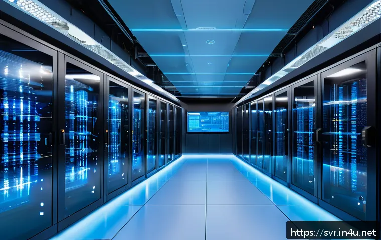 최고의 클라우드 서버 호스팅 서비스 - A highly detailed futuristic data center interior, showcasing rows of advanced servers with glowing ...
