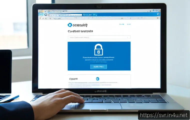 Home 15 SSL 인증서 설치 및 관리 방법 - Photorealistic close-up of an IT professional installing a security certificate on a modern desktop ...