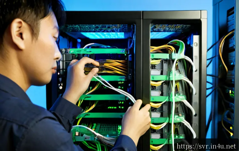 서버에서 방화벽 설정 팁 - Photorealistic modern server room, a network administrator in smart casual attire adjusting a secure...